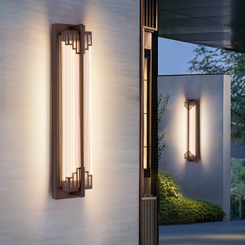 Taavita Traditional Chinese Waterproof Rectangular Stainless Steel Glass LED Wall Sconce Lamp for Outdoor Patio