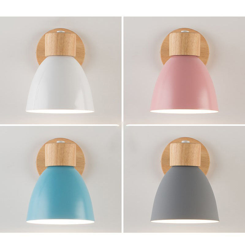 Modern, minimalist, monochrome Macaron iron wall lamp with 1 wooden light