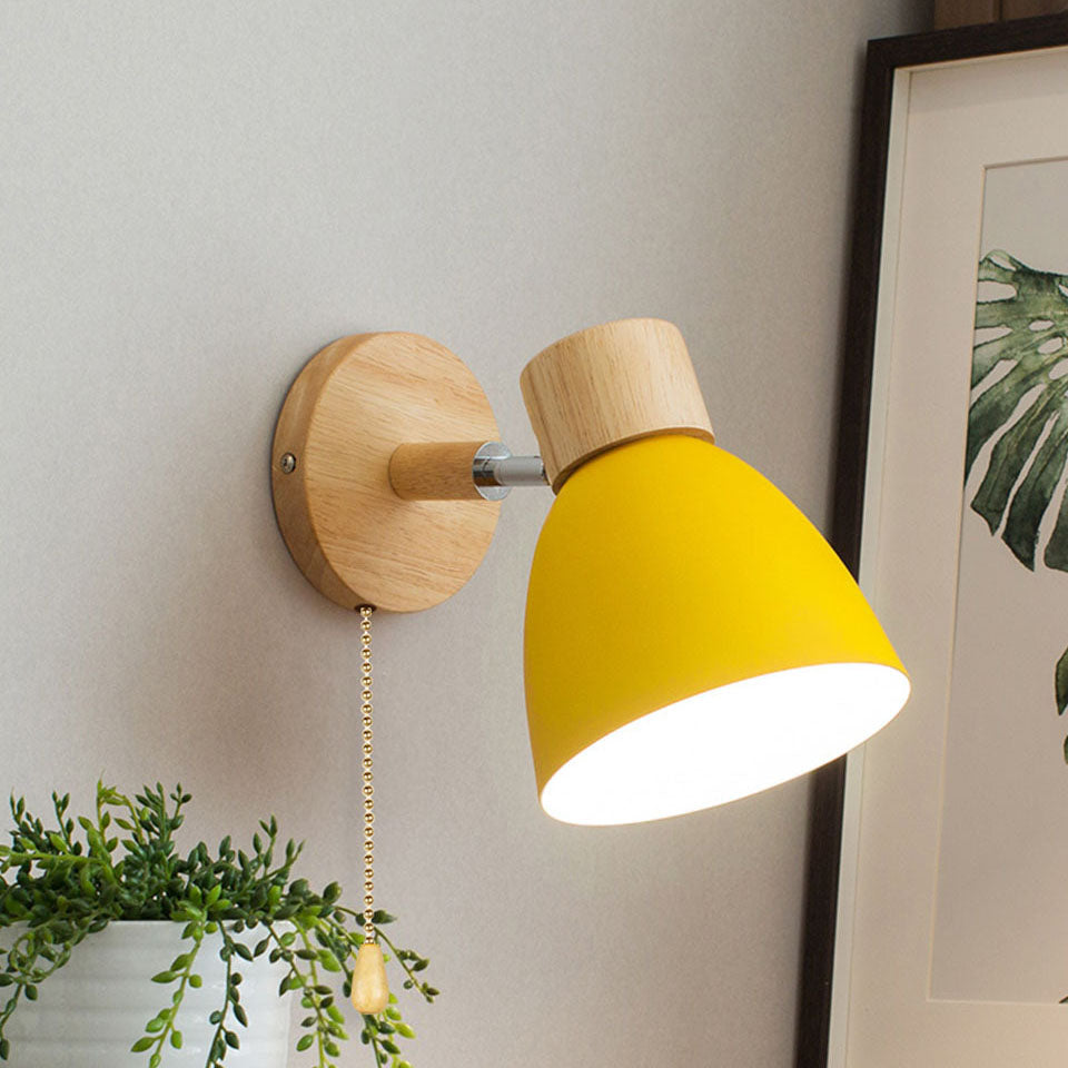 Modern, minimalist, monochrome Macaron iron wall lamp with 1 wooden light