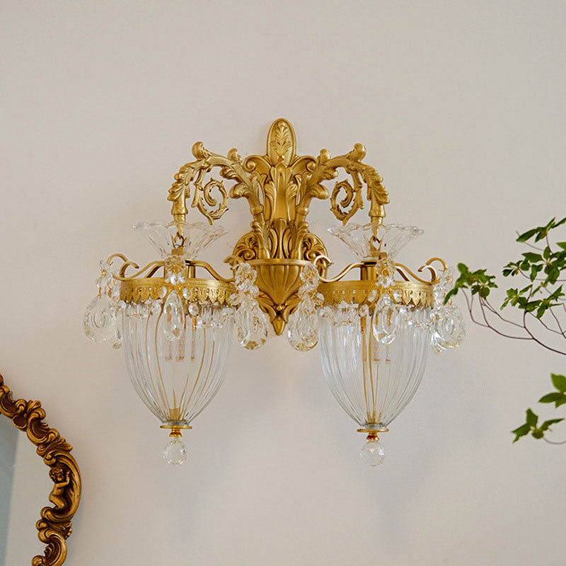 Traditional French Court Lantern in Brass with Crystal 1/2 Light Wall Lamp for Living Room