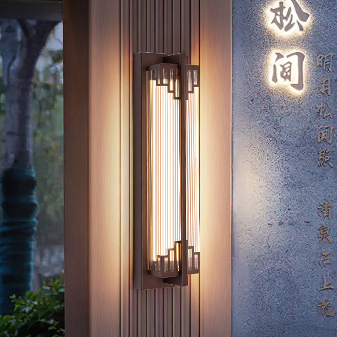 Taavita Traditional Chinese Waterproof Rectangular Stainless Steel Glass LED Wall Sconce Lamp for Outdoor Patio