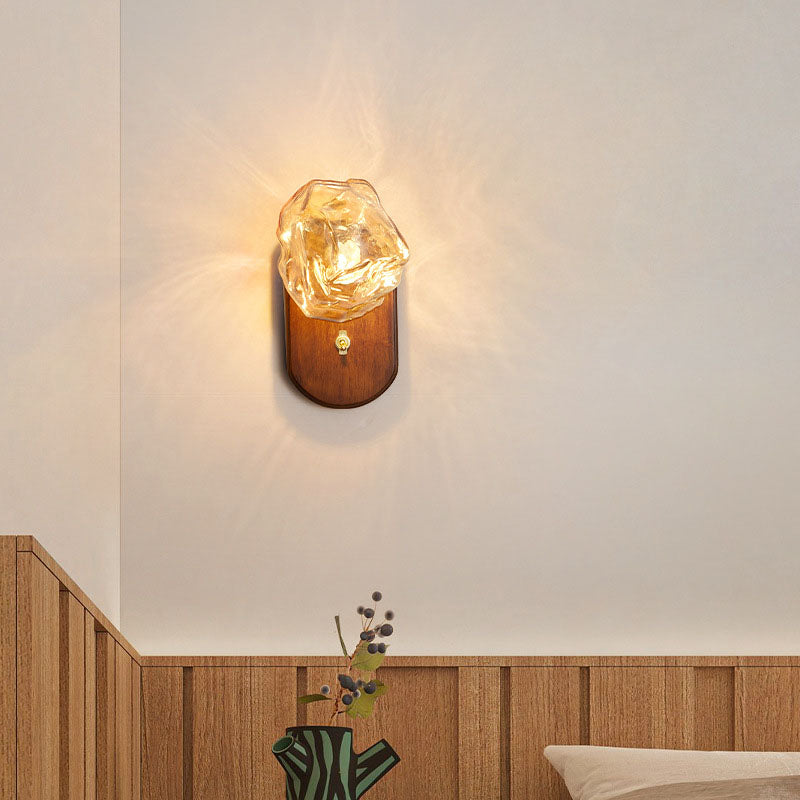 Taavita traditional Japanese oval wall lamp made of solid wood with glass for the bedroom – 1-bulb ice cube shape