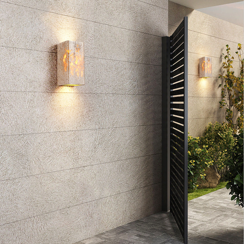 Traditional Japanese Waterproof Yellow Travertine Square LED Wall Sconce Lamp for Hallway