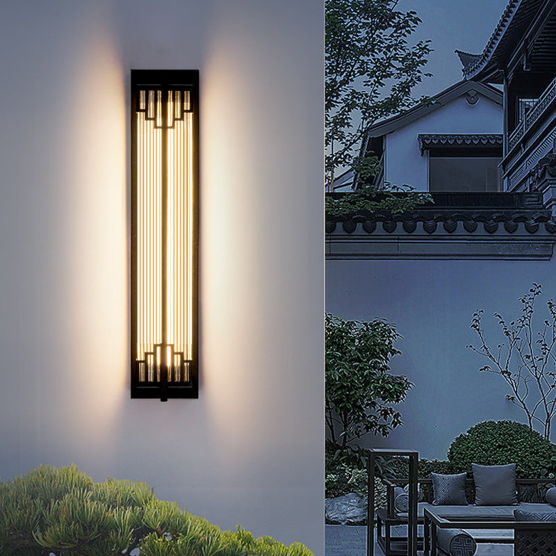 Taavita Traditional Chinese Waterproof Rectangular Stainless Steel Glass LED Wall Sconce Lamp for Outdoor Patio