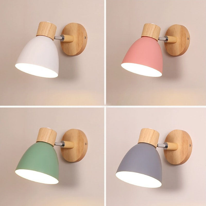 Modern, minimalist, monochrome Macaron iron wall lamp with 1 wooden light