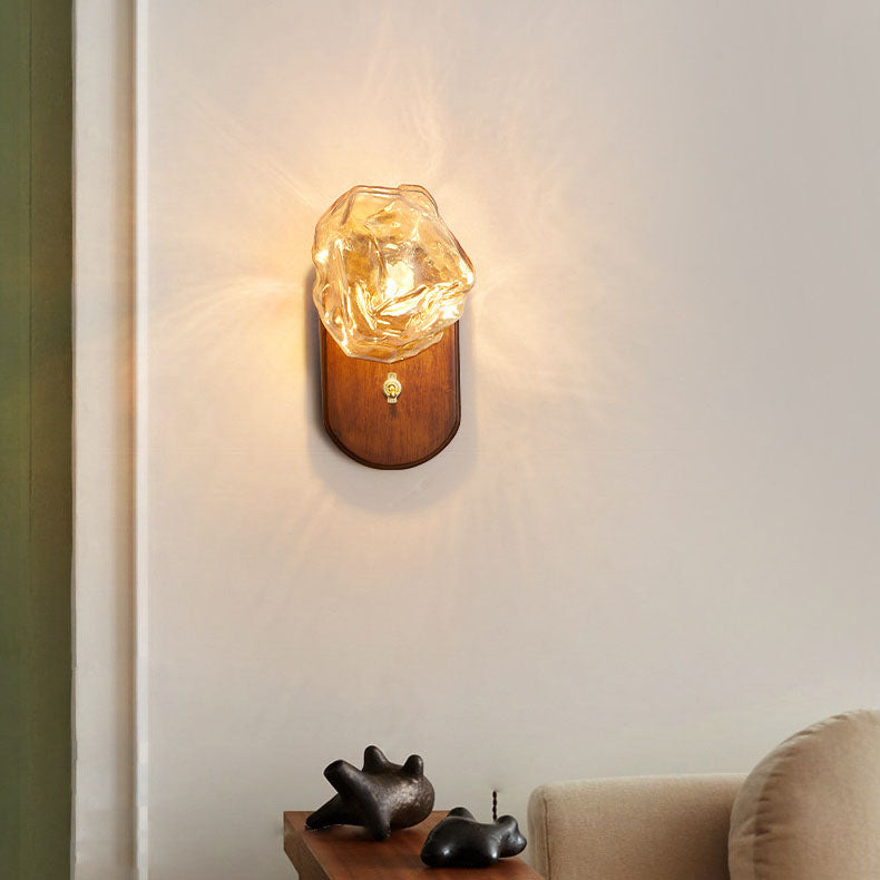 Taavita traditional Japanese oval wall lamp made of solid wood with glass for the bedroom – 1-bulb ice cube shape