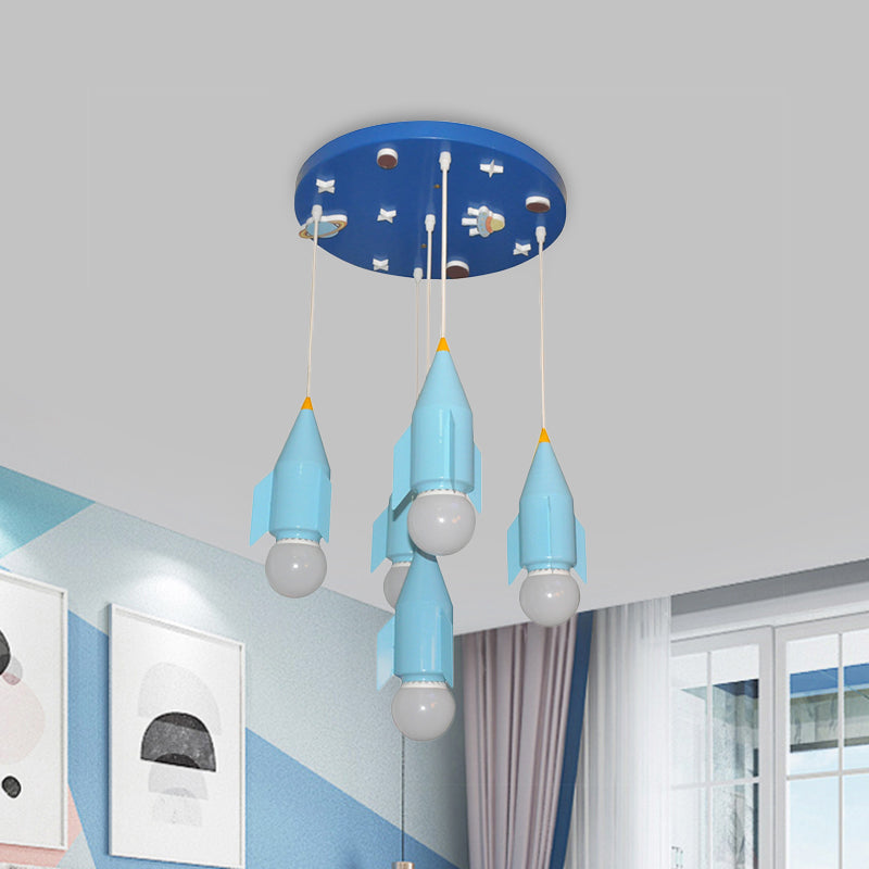 Taavita Rocket Shaped Cluster Pendant Light 5-Light Blue Finish Ceiling Suspension Lamp - Kids Style, Hanging Swag, Metal, Round Canopy, E26/E27 Bulb Base, 15 to 19 Inch, 220V-240V 110V-120V