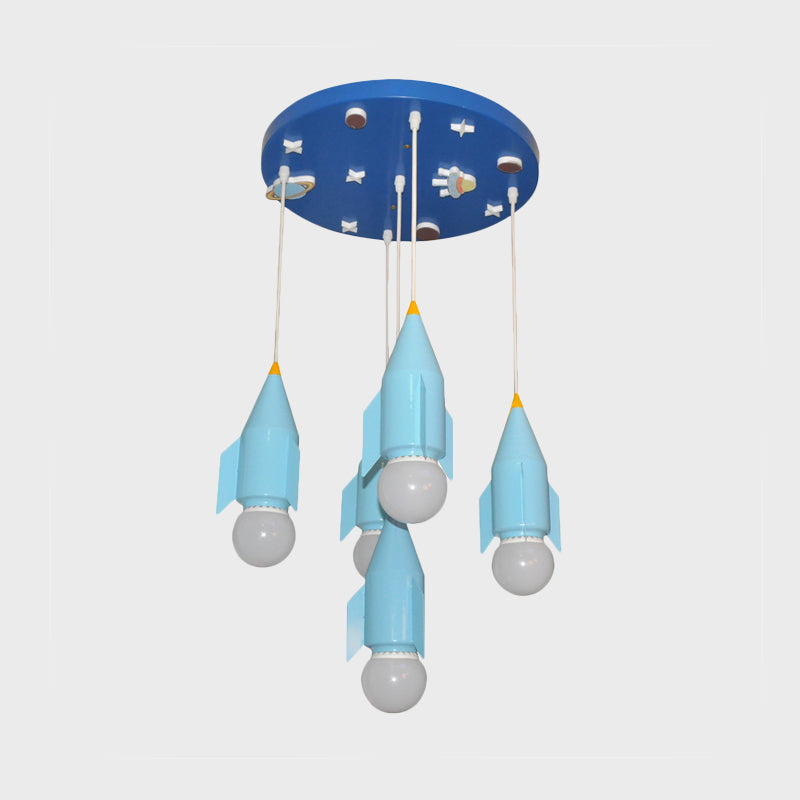 Taavita Rocket Shaped Cluster Pendant Light 5-Light Blue Finish Ceiling Suspension Lamp - Kids Style, Hanging Swag, Metal, Round Canopy, E26/E27 Bulb Base, 15 to 19 Inch, 220V-240V 110V-120V