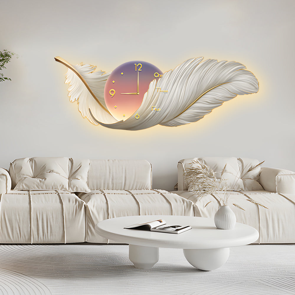 Taavita 2-In-1 Feather Painting Wall Lamp Hanging Decor LED Wall Clock