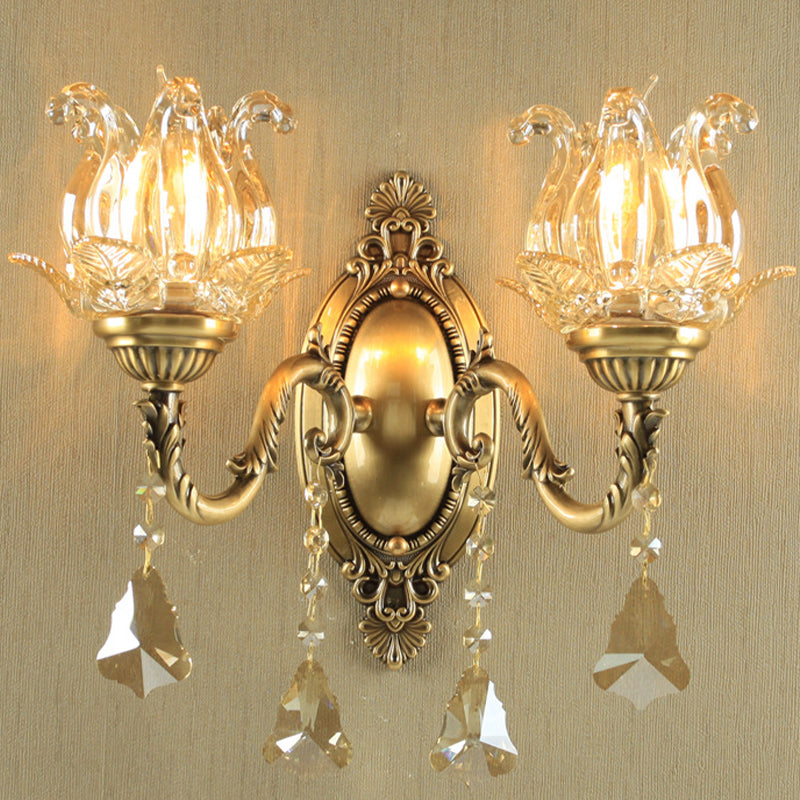 Traditional Semi-Open Flower Sconce 1/2-Light Clear Glass Wall Mount Lighting in Brass Clearhalo 'Wall Lamps & Sconces' 'Wall Lights' Lighting' 1125504