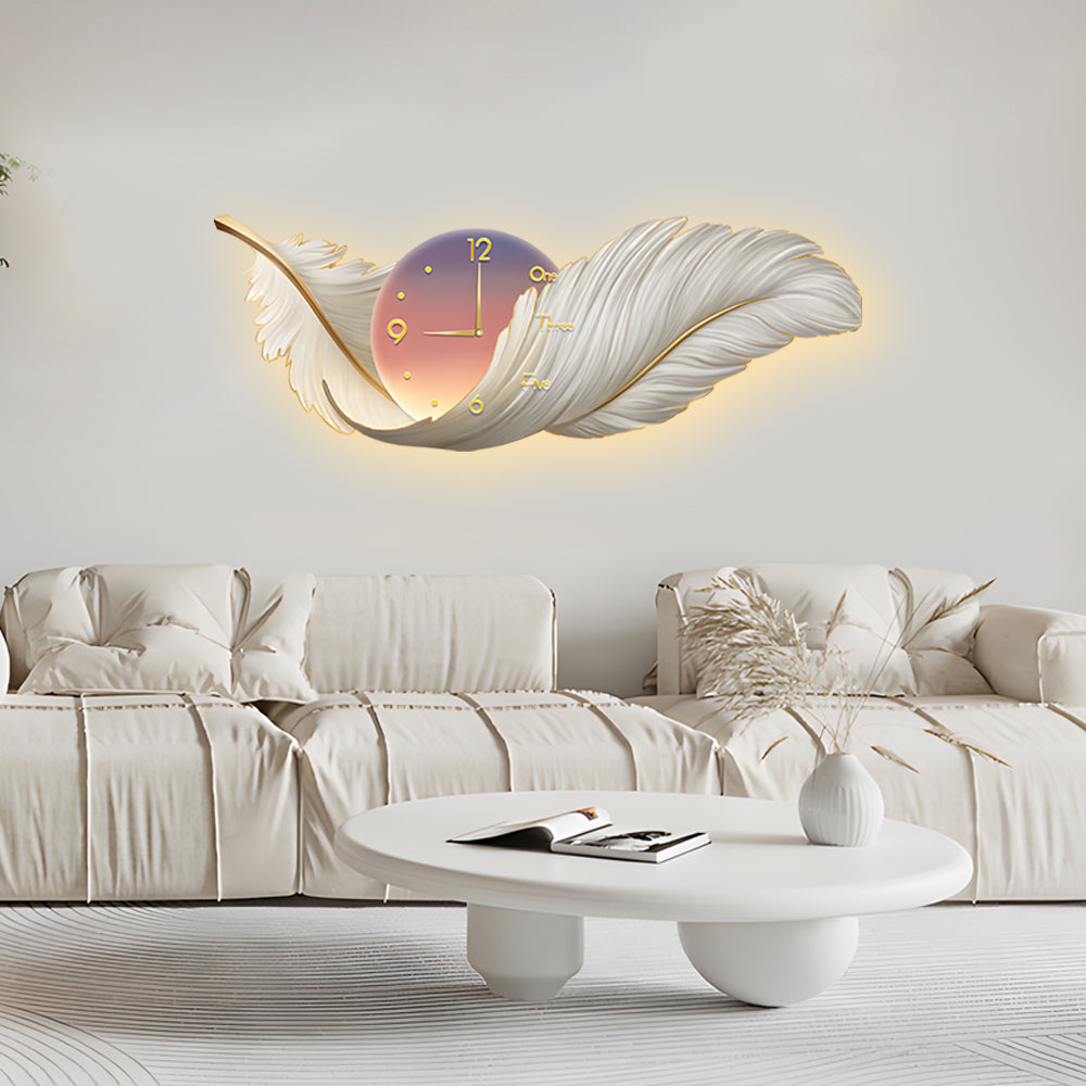 Taavita 2-In-1 Feather Painting Wall Lamp Hanging Decor LED Wall Clock