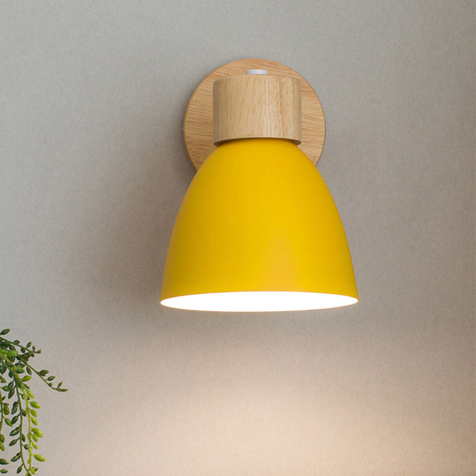 Modern, minimalist, monochrome Macaron iron wall lamp with 1 wooden light