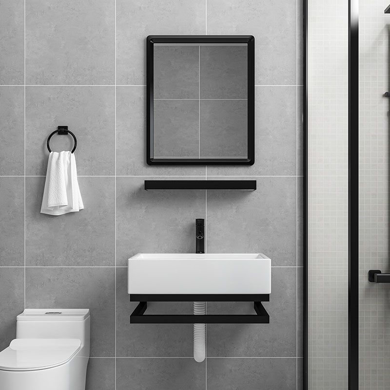 Wall-mounted Rectangular Bathroom Sink Ceramic White with Rod Handle Faucet