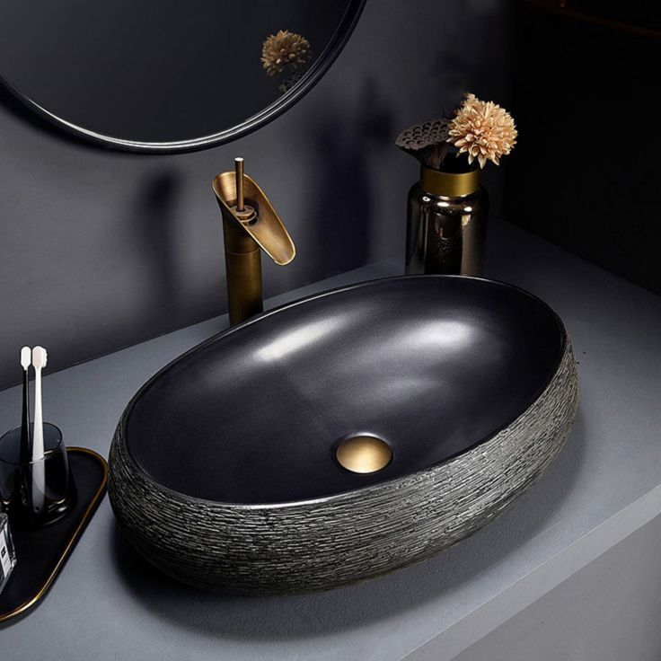 Modern Oval Black Ceramic Bathroom Sink with Taavita Faucet