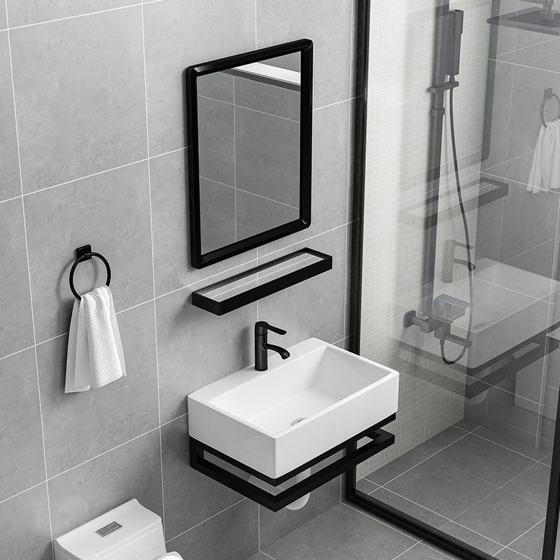 Wall-mounted Rectangular Bathroom Sink Ceramic White with Rod Handle Faucet