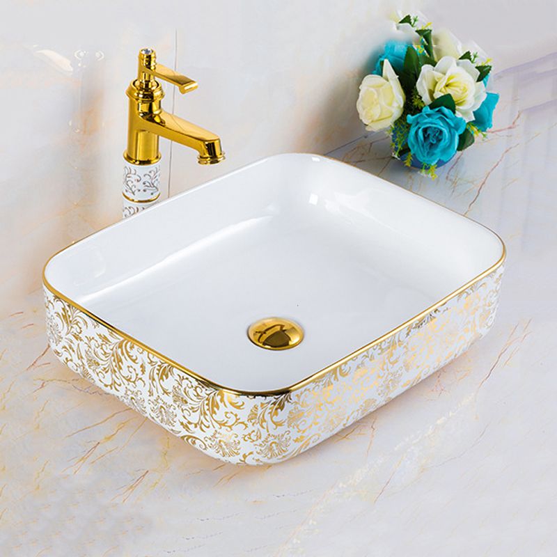 Modern Hand Painted Porcelain Round Bathroom Sink with Overflow and Faucet Wash Stand