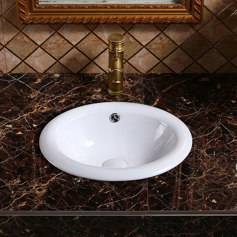 Modern Bathroom Sink in Porcelain, Oval Drop-In Sink with Pop-Up Drain