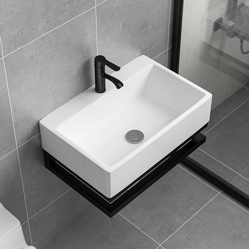 Wall-mounted Rectangular Bathroom Sink Ceramic White with Rod Handle Faucet