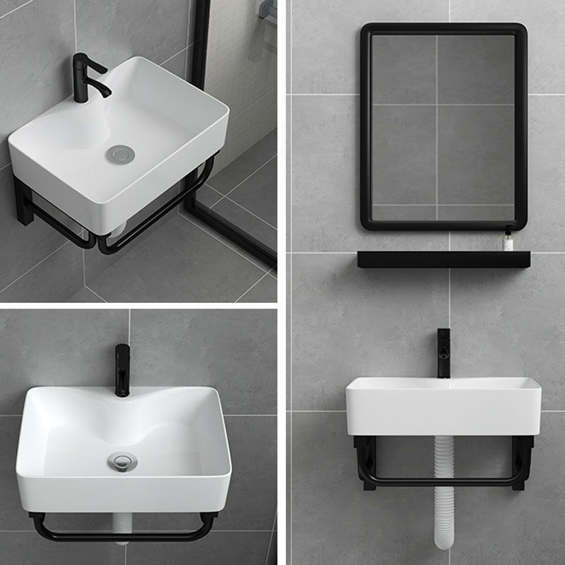 Wall-mounted Rectangular Bathroom Sink Ceramic White with Rod Handle Faucet