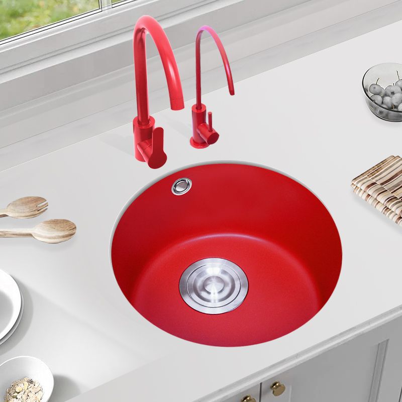 Taavita Red Round Quartz Kitchen Sink Single Bowl with Drain Assembly - Ideal for Bar / Prep Kitchens