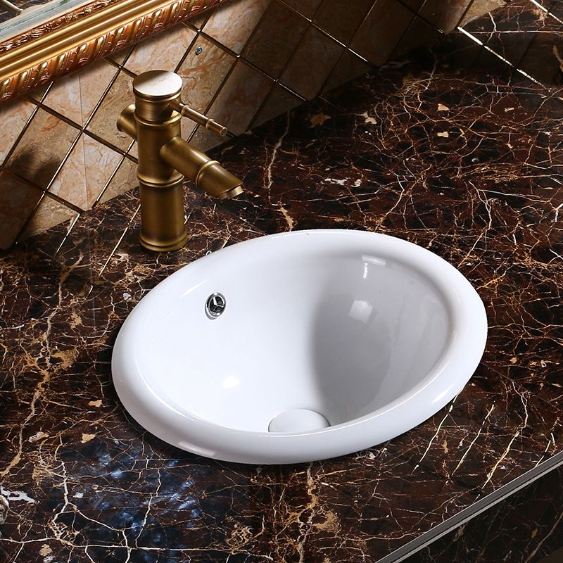 Modern Bathroom Sink in Porcelain, Oval Drop-In Sink with Pop-Up Drain