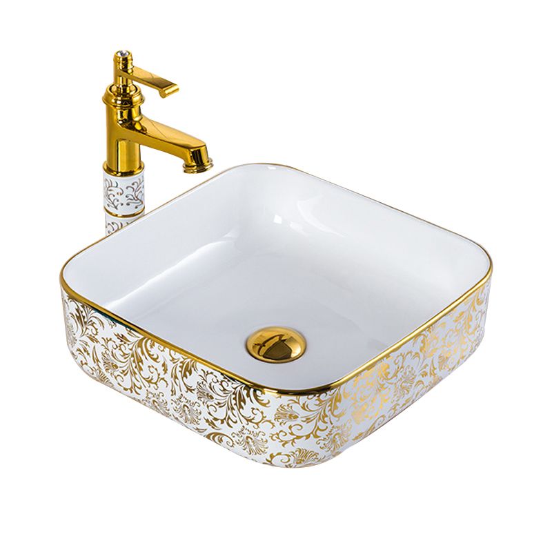 Modern Hand Painted Porcelain Round Bathroom Sink with Overflow and Faucet Wash Stand