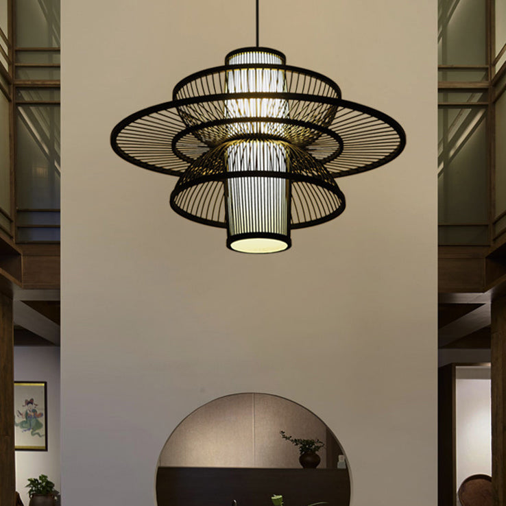 Lotus-Shaped Pendant Lamp Asian Style Bamboo 16"/19.5" W 1 Light Black/Beige Hanging Lighting for Restaurant Clearhalo 'Ceiling Lights' 'Pendant Lights' 'Pendants' Lighting' 120272