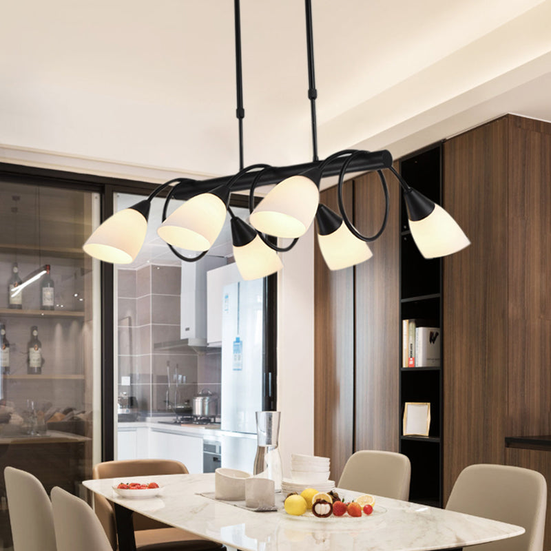 Modern Black Linear Kitchen Pendant Light Fixture with White Glass 6/8/10 Lights, Hanging Lamp Kit, Down/Up