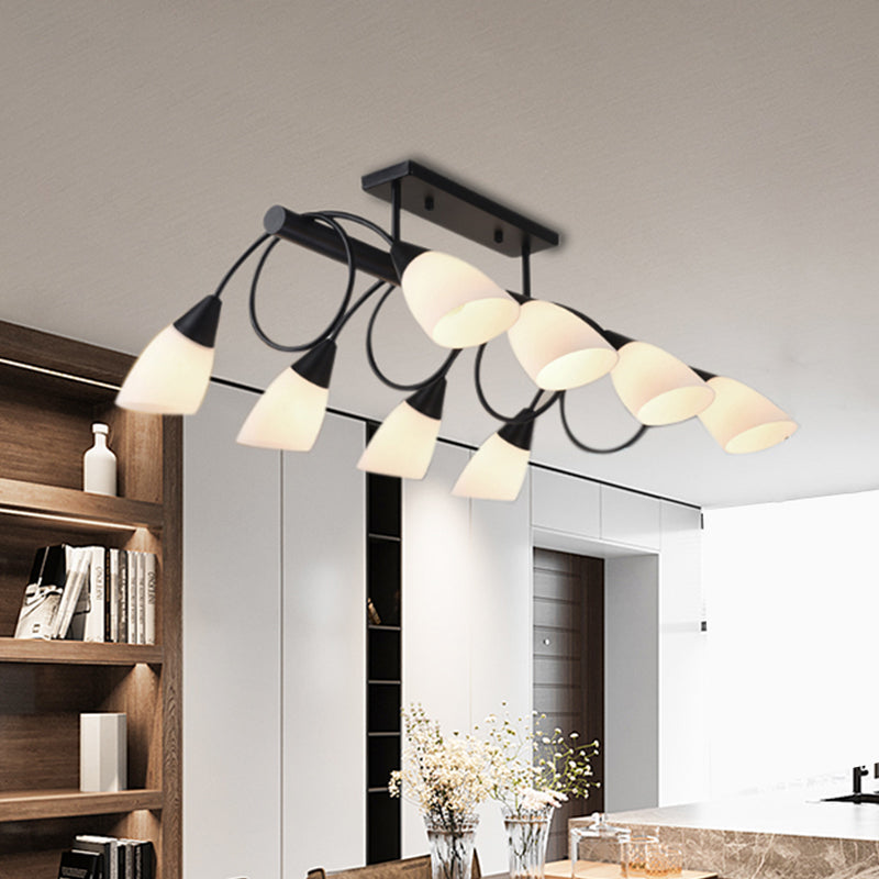 Linear Kitchen Pendant Light Fixture Modern White Glass 6/8/10 Lights Black Hanging Lamp Kit, Down/Up 8 Black Down Clearhalo 'Ceiling Lights' 'Glass shade' 'Glass' 'Island Lights' Lighting' 1207732