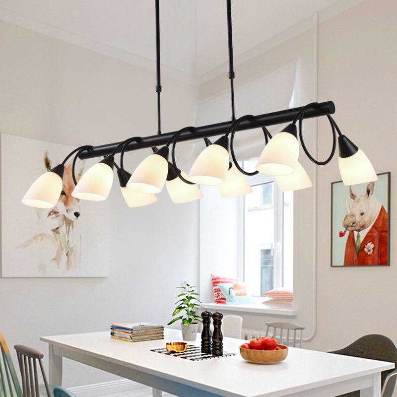 Linear Kitchen Pendant Light Fixture Modern White Glass 6/8/10 Lights Black Hanging Lamp Kit, Down/Up Clearhalo 'Ceiling Lights' 'Glass shade' 'Glass' 'Island Lights' Lighting' 1207738