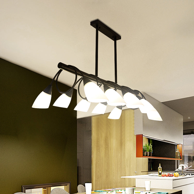 Modern Black Linear Kitchen Pendant Light Fixture with White Glass 6/8/10 Lights, Hanging Lamp Kit, Down/Up