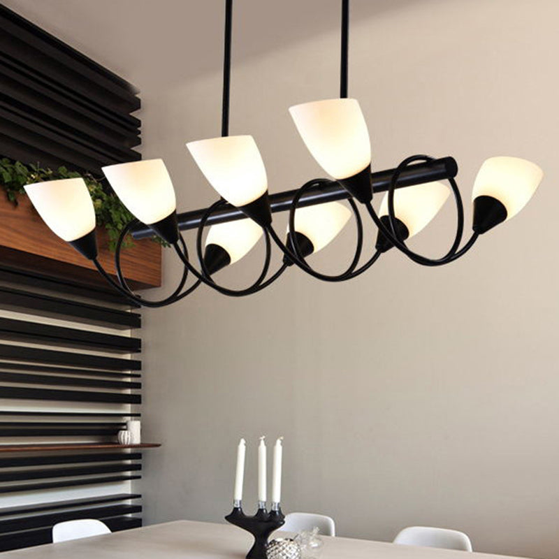 Modern Black Linear Kitchen Pendant Light Fixture with White Glass 6/8/10 Lights, Hanging Lamp Kit, Down/Up