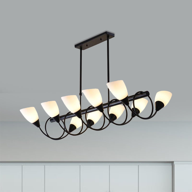 Modern Black Linear Kitchen Pendant Light Fixture with White Glass 6/8/10 Lights, Hanging Lamp Kit, Down/Up