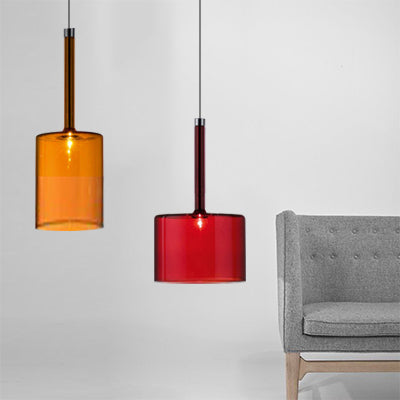 Taavita Modernist 1 Light Grey/Red/Orange Glass LED Hanging Fixture - Cylindrical/Drum/Long Column Suspension Pendant