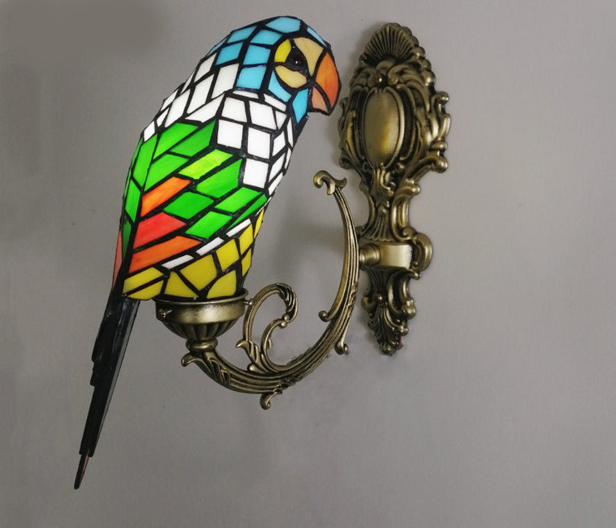 1 Light Parrot Wall Sconce Light Rustic Loft Stained Glass Wall Lighting in Red/Blue for Bedroom Red Clearhalo 'Industrial' 'Middle century wall lights' 'Tiffany wall lights' 'Tiffany' 'Wall Lamps & Sconces' 'Wall Lights' Lighting' 354547