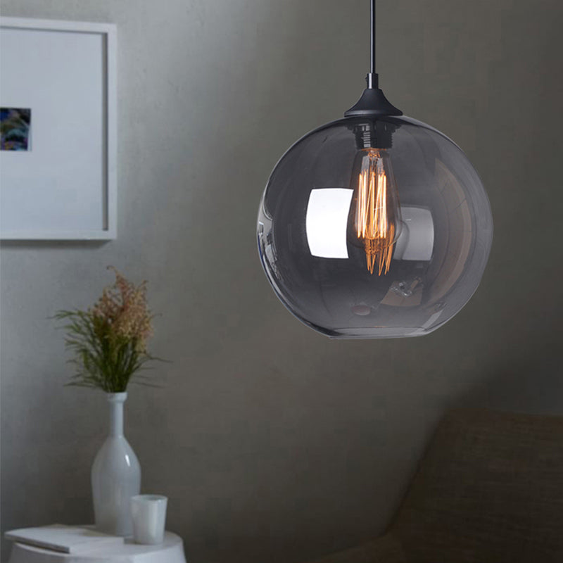 8"/10"/12" Wide Globe Pendant Light Industrial 1 Light Grey/Clear Glass Hanging Lamp in Black Clearhalo 'Ceiling Lights' 'Glass shade' 'Glass' 'Industrial Pendants' 'Industrial' 'Middle Century Pendants' 'Pendant Lights' 'Pendants' 'Tiffany' Lighting' 456659