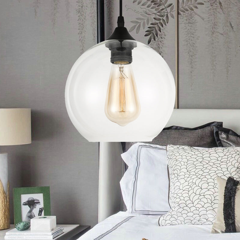 8"/10"/12" Wide Globe Pendant Light Industrial 1 Light Grey/Clear Glass Hanging Lamp in Black Grey Clearhalo 'Ceiling Lights' 'Glass shade' 'Glass' 'Industrial Pendants' 'Industrial' 'Middle Century Pendants' 'Pendant Lights' 'Pendants' 'Tiffany' Lighting' 135820