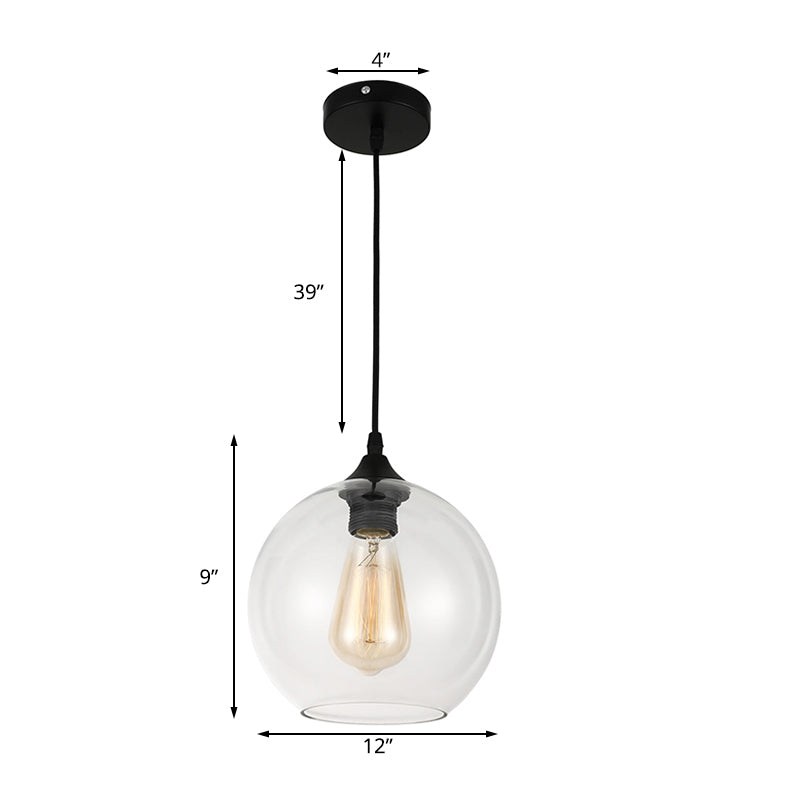 8"/10"/12" Wide Globe Pendant Light Industrial 1 Clear Gray Glass Hanging Lamp in Black by Taavita