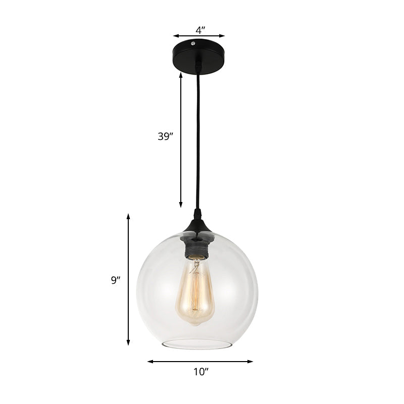 8"/10"/12" Wide Globe Pendant Light Industrial 1 Clear Gray Glass Hanging Lamp in Black by Taavita