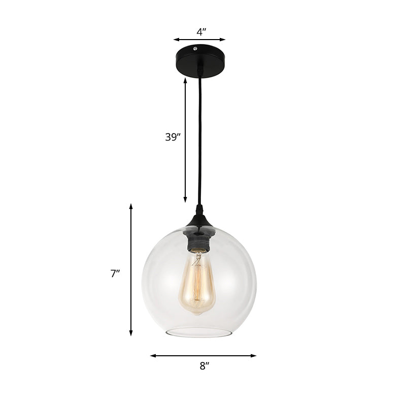 8"/10"/12" Wide Globe Pendant Light Industrial 1 Clear Gray Glass Hanging Lamp in Black by Taavita