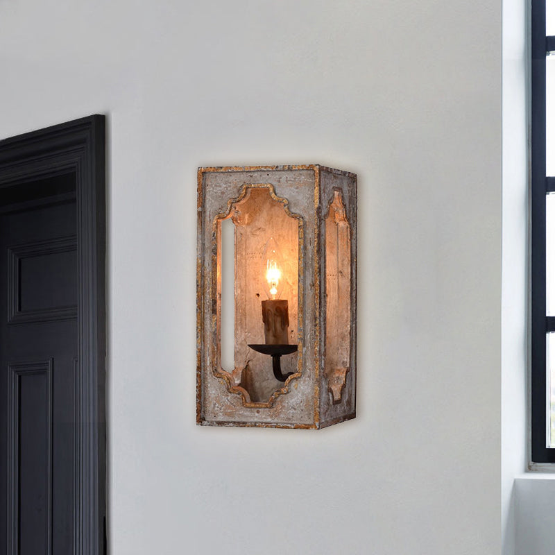 Taavita Rustic Metallic Cuboid Sconce Lighting Fixture with Candle Design Country Style 1 Bulb Corridor Wall Lamp in Rust