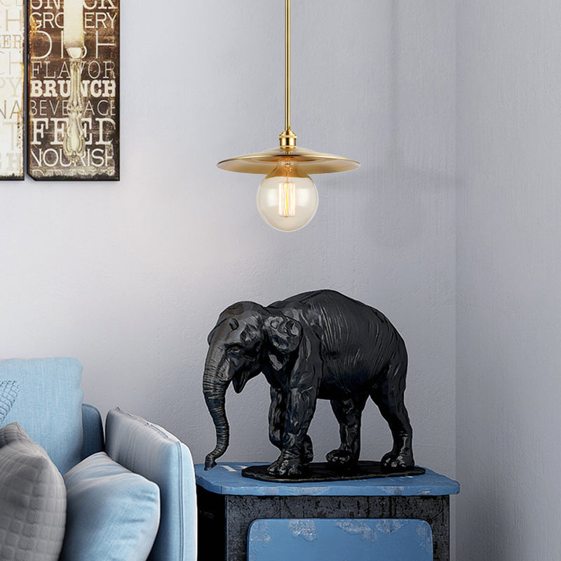 Taavita Flat Shade Ceiling Light 1 Bulb Metallic Pendant Lighting in Brass Finish over Table