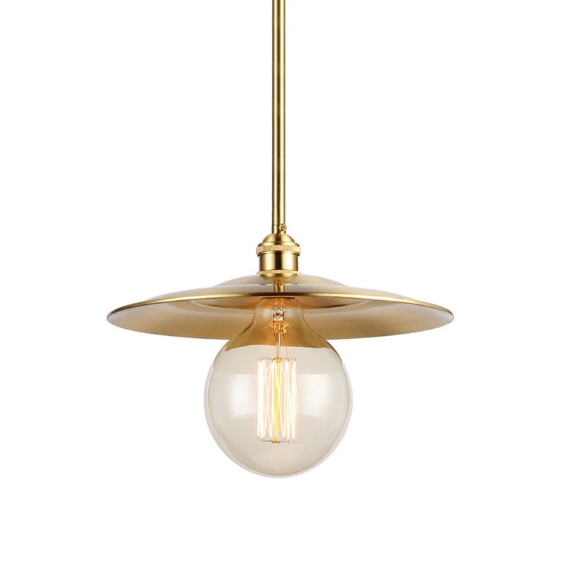 Taavita Flat Shade Ceiling Light 1 Bulb Metallic Pendant Lighting in Brass Finish over Table