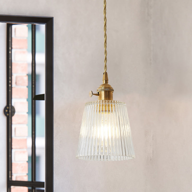 Taavita Kegel Hanging Ceiling Light 1 Light Ribbed Glass Pendant Lighting in Brass - Industrial Style with Clear Glass and an E26/E27 Bulb, Compatible with 220V-240V and 110V-120V.