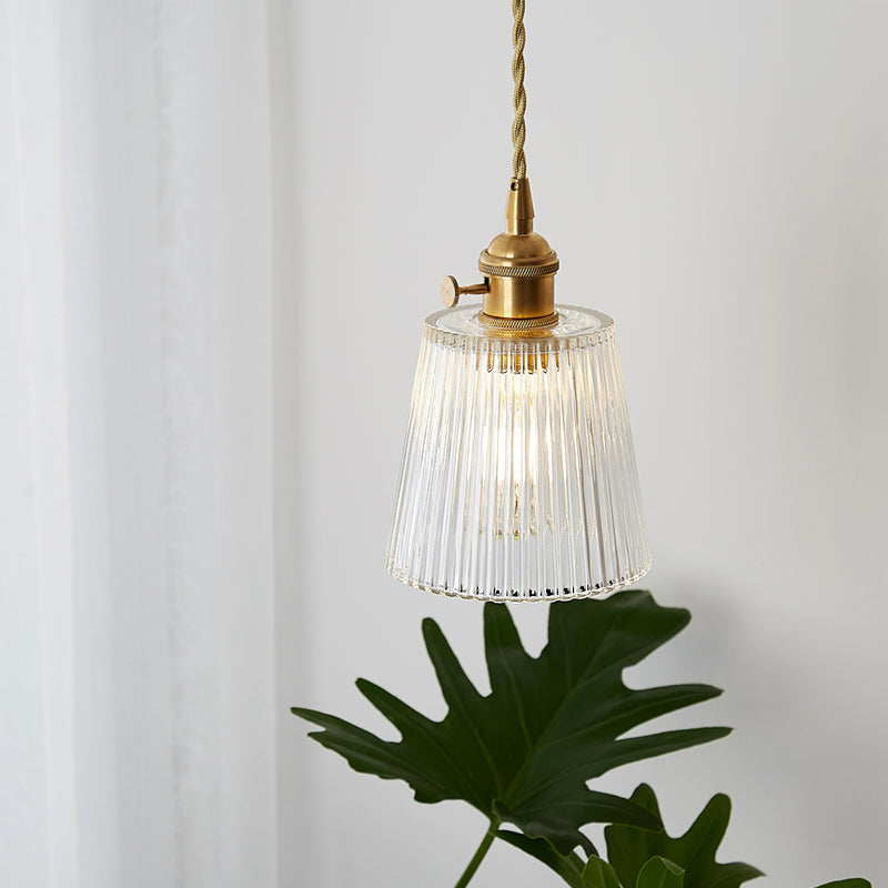 Taavita Kegel Hanging Ceiling Light 1 Light Ribbed Glass Pendant Lighting in Brass - Industrial Style with Clear Glass and an E26/E27 Bulb, Compatible with 220V-240V and 110V-120V.