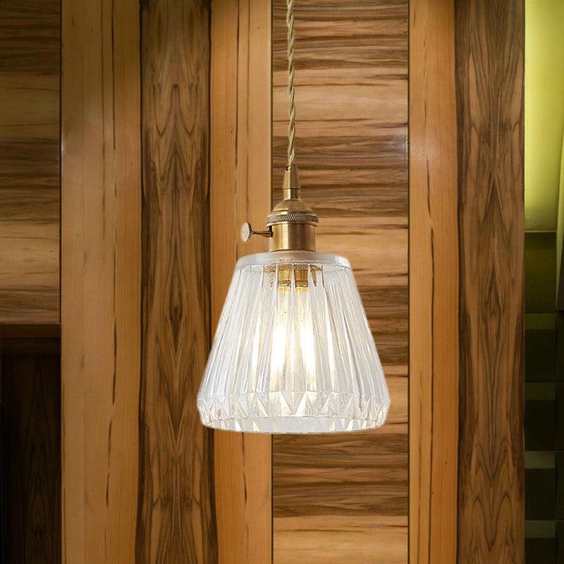 Contemporary Cone Hanging Ceiling Light 1 Light Ribbed Glass Pendant Lighting in Brass Clear A Clearhalo 'Ceiling Lights' 'Glass shade' 'Glass' 'Industrial Pendants' 'Industrial' 'Middle Century Pendants' 'Pendant Lights' 'Pendants' 'Tiffany' Lighting' 1416502