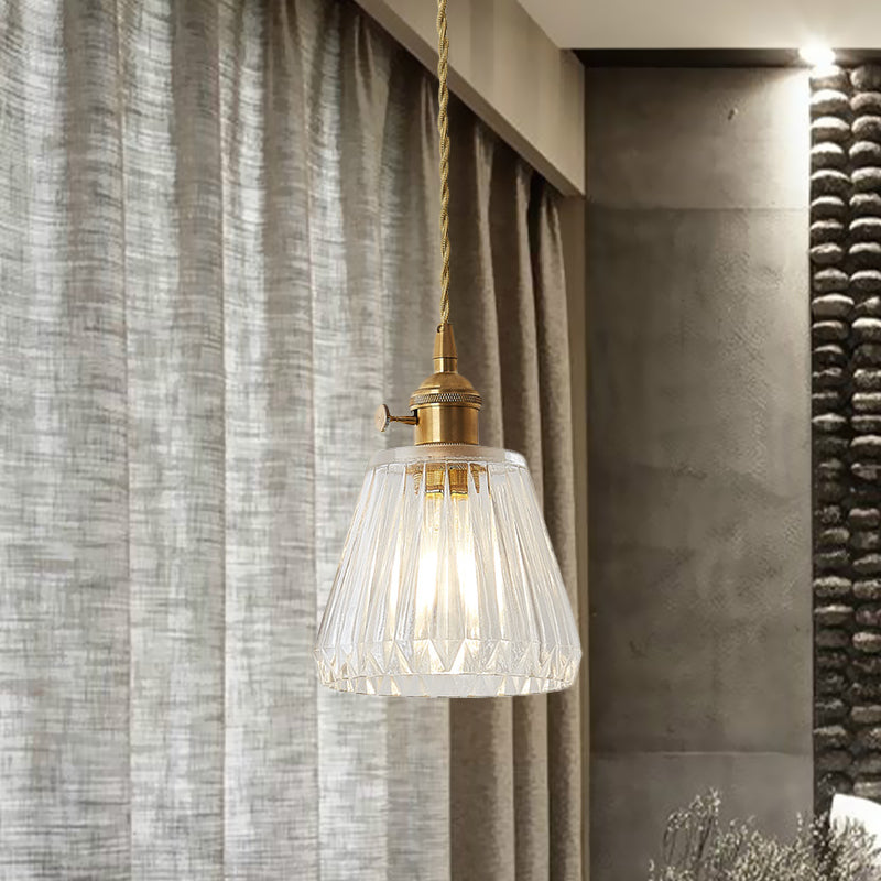 Taavita Kegel Hanging Ceiling Light 1 Light Ribbed Glass Pendant Lighting in Brass - Industrial Style with Clear Glass and an E26/E27 Bulb, Compatible with 220V-240V and 110V-120V.