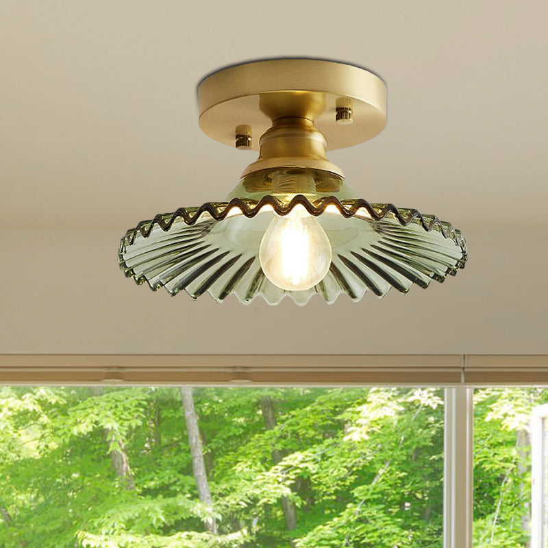 1 Light Equipped Half Flush Bright Industrial Clear/Green Ribbed Glass Ceiling by Taavita for Living Room