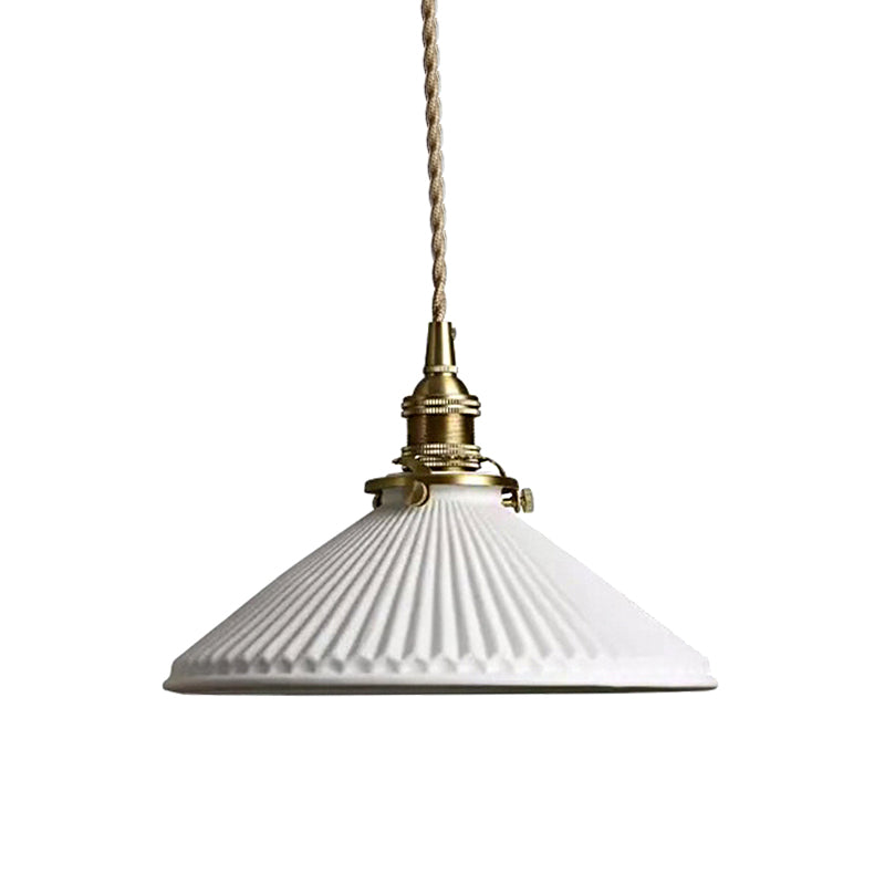 Industrial Style Conical Pendant Light with Ribbed Design 1 Light Ceramic Hanging Lamp in White by Taavita