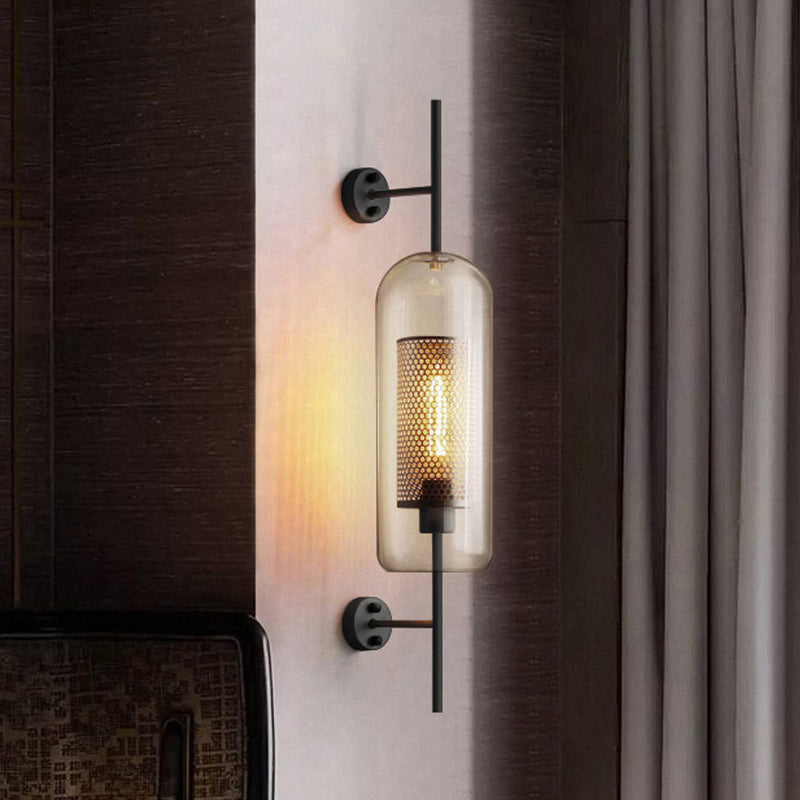 Cognac Glass Black Wall Lamp Oblong 1 Bulb Colonial Wall Mounted Light with Inner Column Mesh Screen, 5"/6" W Clearhalo 'Wall Lamps & Sconces' 'Wall Lights' Lighting' 1473655